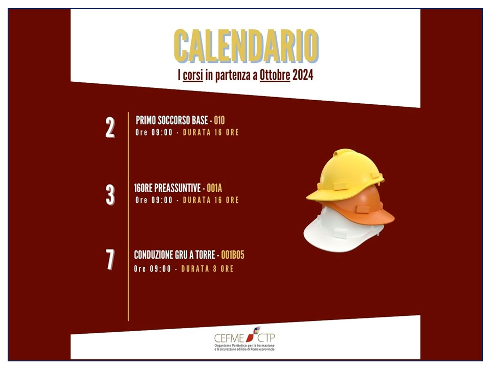 calendario corsi in partenza nel mese di Ottobre 2024