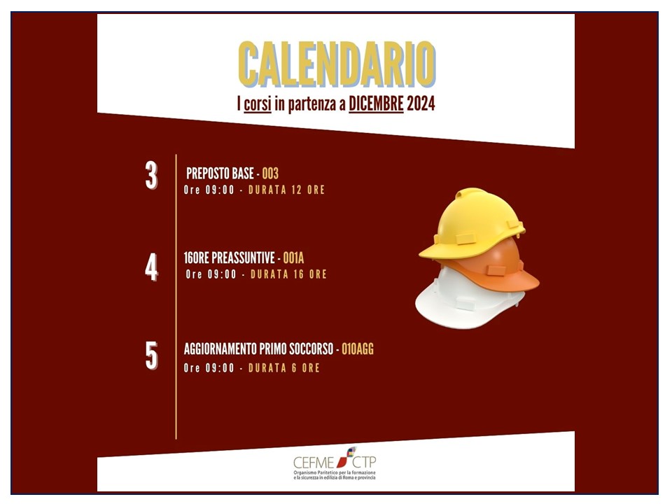 Calendario Corsi Dicembre 2024