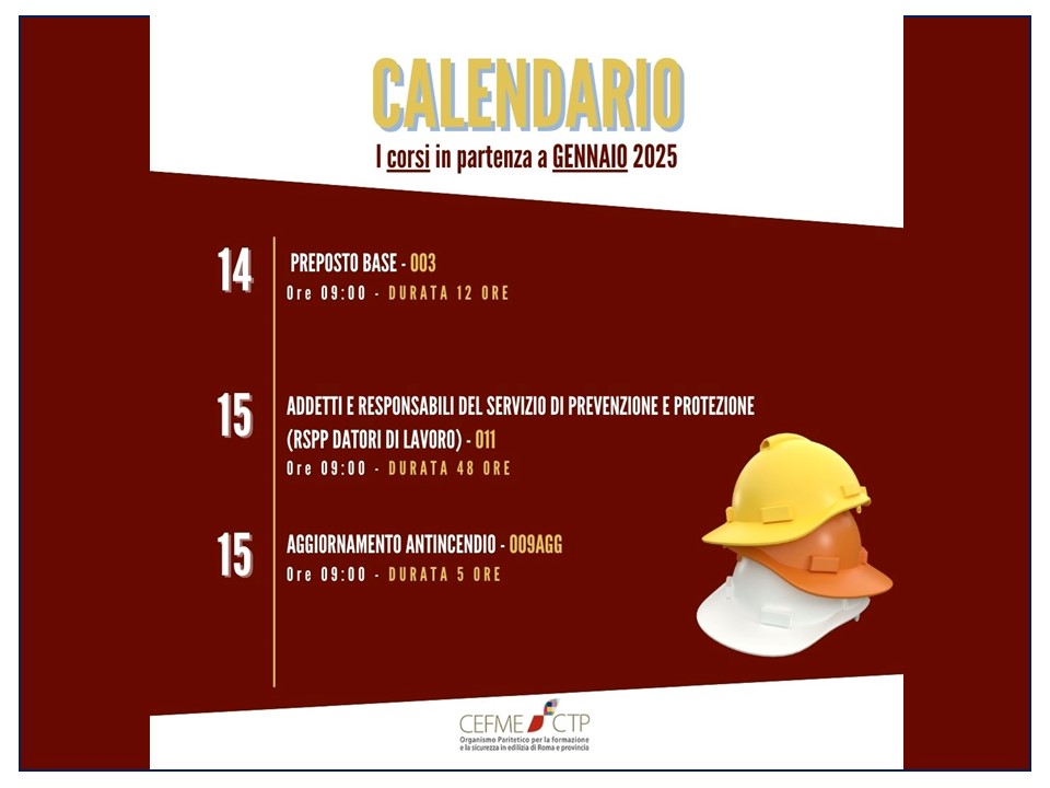 Calendario Corsi Gennaio 2025