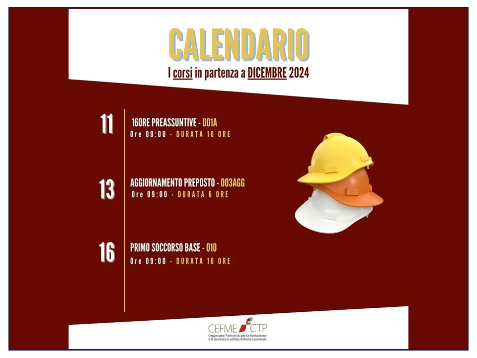 Calendario Corsi Dicembre 2024